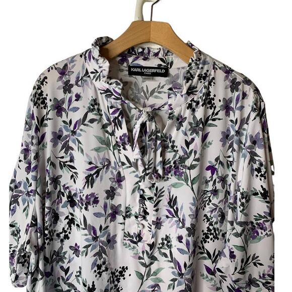 Karl Lagerfeld White Floral Jersey Tie-Neck Short Sleeve Blouse Plus Size 2X - Picture 2 of 8
